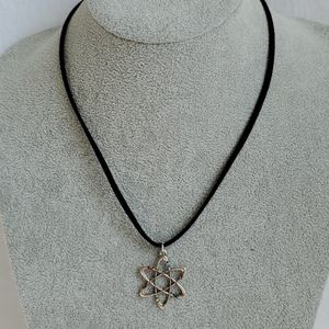 Mens silver atom charm black suede necklace